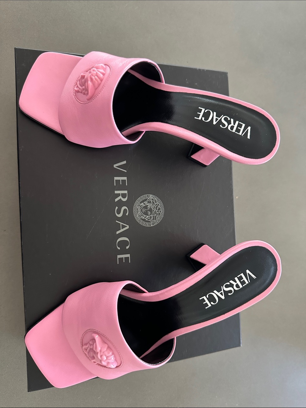 Versace Pink Leather Medusa Mule Sandals